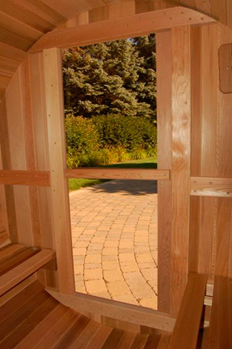Verglaste Tür der Fass-Sauna Verglaste Tür der Fass-Sauna